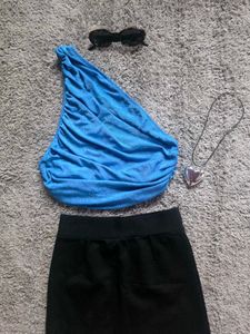 Blue One-Shoulder Ruched Dress