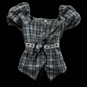 Plaid Puff Sleeve Corset Top
