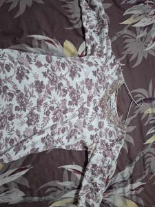 Floral Print Kurta with Embellished Neckline
