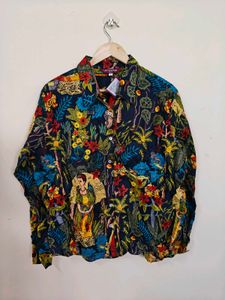 Vibrant Tropical Print Button-Up Shirt