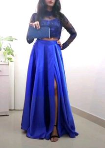 Blue Satin Skirt With Embroidered Blouse