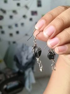 Unique Black Stone Wire-Wrapped Earrings
