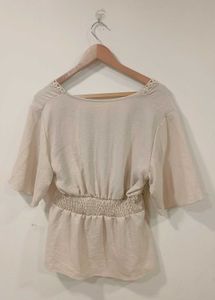Boho Chic V-Neck Lace Trim Peplum Top – Beige