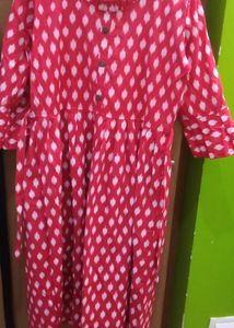 Red Colour Ikkat Frock With High Neck Bell Sleeves