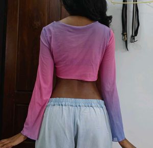 Ombre Bell Sleeve Tie Front Crop Top