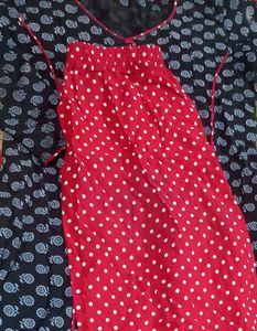 Black Printed Kurti with Red Polka-Dot Pants –