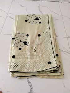 Cream Saree with Black Bird Motifs