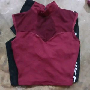 Maroon Mesh Neckline Crop Top