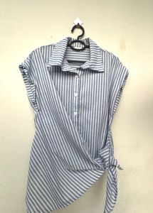 Blue Striped Wrap Blouse