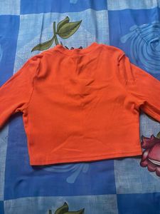 Orange Cropped Long Sleeve Top with Flower