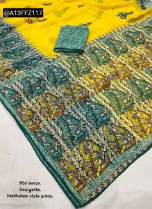 Yellow Georgette Saree with Madhubani Prints