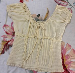 Cream Smocked Off-Shoulder Top