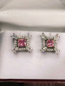 Elegant Pink &amp; Crystal Stud Earrings 925 silver