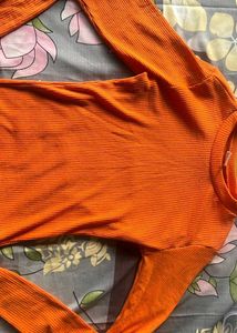 Orange Ribbed Crop Long Sleeve Top