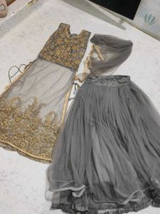 get free earrings Grey Embroidered Lehenga Choli