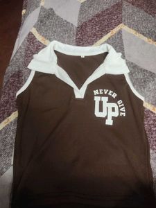 Brown Sleeveless Collared Crop Top