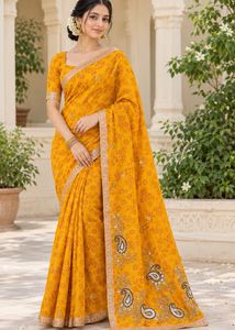 😉Elegant Yellow Embroidered Saree