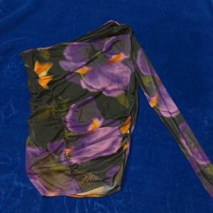 Sheer Floral One-Sleeve Ruched Top
