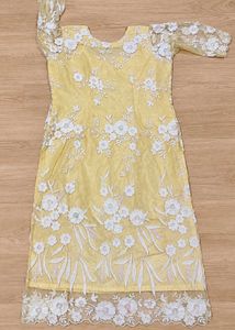 Pastel Yellow Floral Embroidered Long Kurti with L