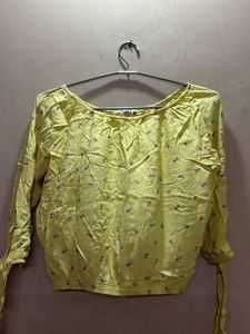 Yellow Floral Gathered Neck Crop Top