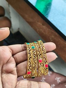 Traditional Gold Tone Bangles with Green and red S