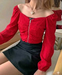 Red Polka Dot Off-Shoulder Zipper Top