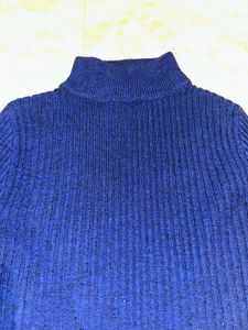 Blue Ribbed Turtleneck Sweater