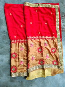 Red &amp; Gold Embroidered Saree with Blouse