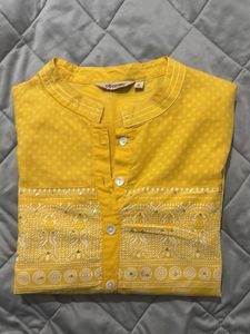 Yellow Paisley Print Kurti - Prined With Sequins
