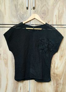 Chic Black Eyelet Pocket Top Size-36