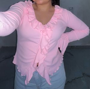 Pink Ruffled Long Sleeve Top