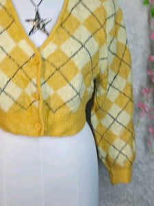 H&amp;M Yellow Argyle Cropped Cardigan