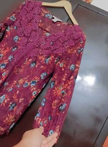 Purple Floral Print Lace Neck Top 32 Bust