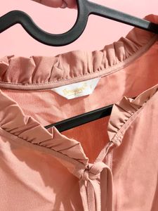 Formal Pink Tie-Neck Flutter Sleeve Top