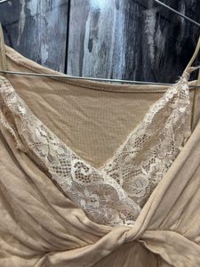 Tan Lace Trim Twist Front Top