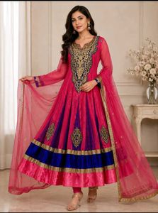 Beautiful Pink & Blue Embroidered Anarkali Suit