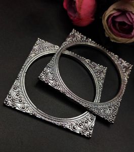 Oxidized Silver Square Shape Bangle Set