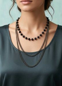 Layered Black Bead & Chain Necklace