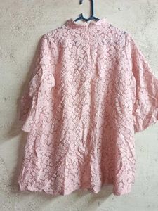 Pink Lace Mock Neck Top Sheer