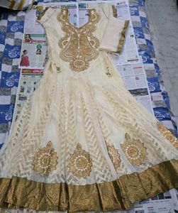 Heavy Work Cream Anarkali Set with Gold Embroidery