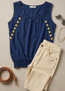 Y2k Navy Blue Sleeveless Top with Beige half jeans
