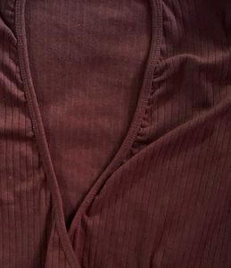 Brown Ribbed Wrap Long Sleeve Top