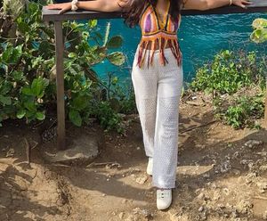 Cream Crochet Wide Leg Pants