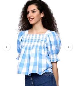 Cute Blue Checked Top with Smocked Details