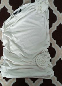 Chic One-Shoulder White Top with Rose Detail