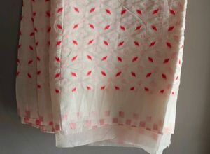 Elegant White Saree with Red Motifs