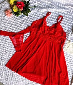 Lace Trimmed Red Babydoll Nigty with thong 👍