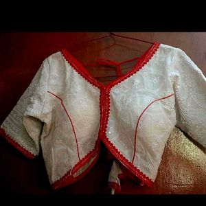 (New)Designer White Blouse with Red Trim