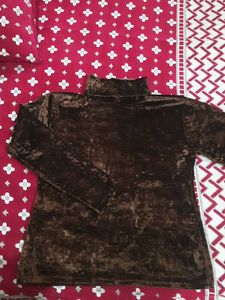 Dark Brown shinny high neck velvet top