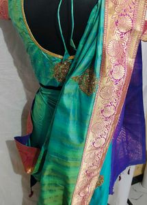 hand work 💯 Green Silk Saree with Gold Border